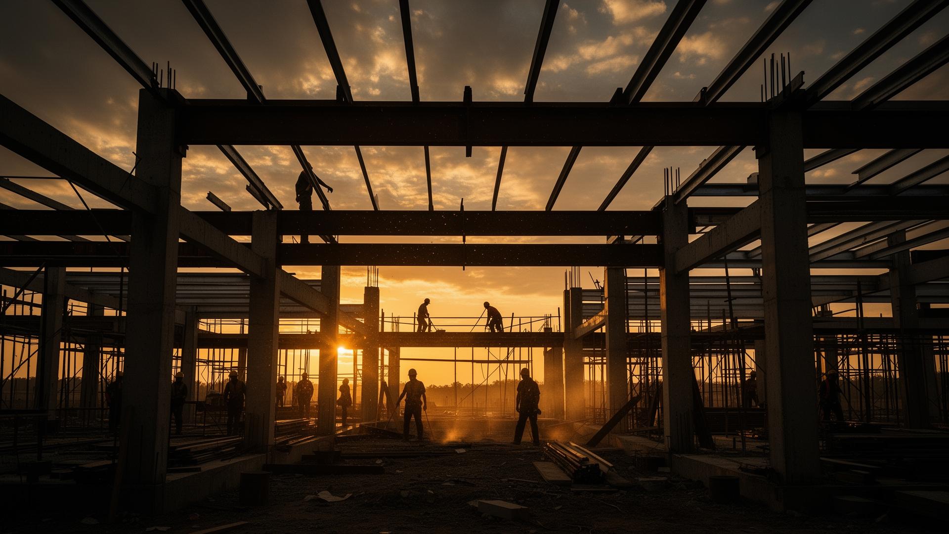 Ehitusmeeskond tööl objektil päikeseloojangul